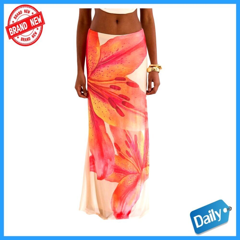 Maxi Skirt Floral Boho Flowy Low Rise Stretch Polyester Blend Casual